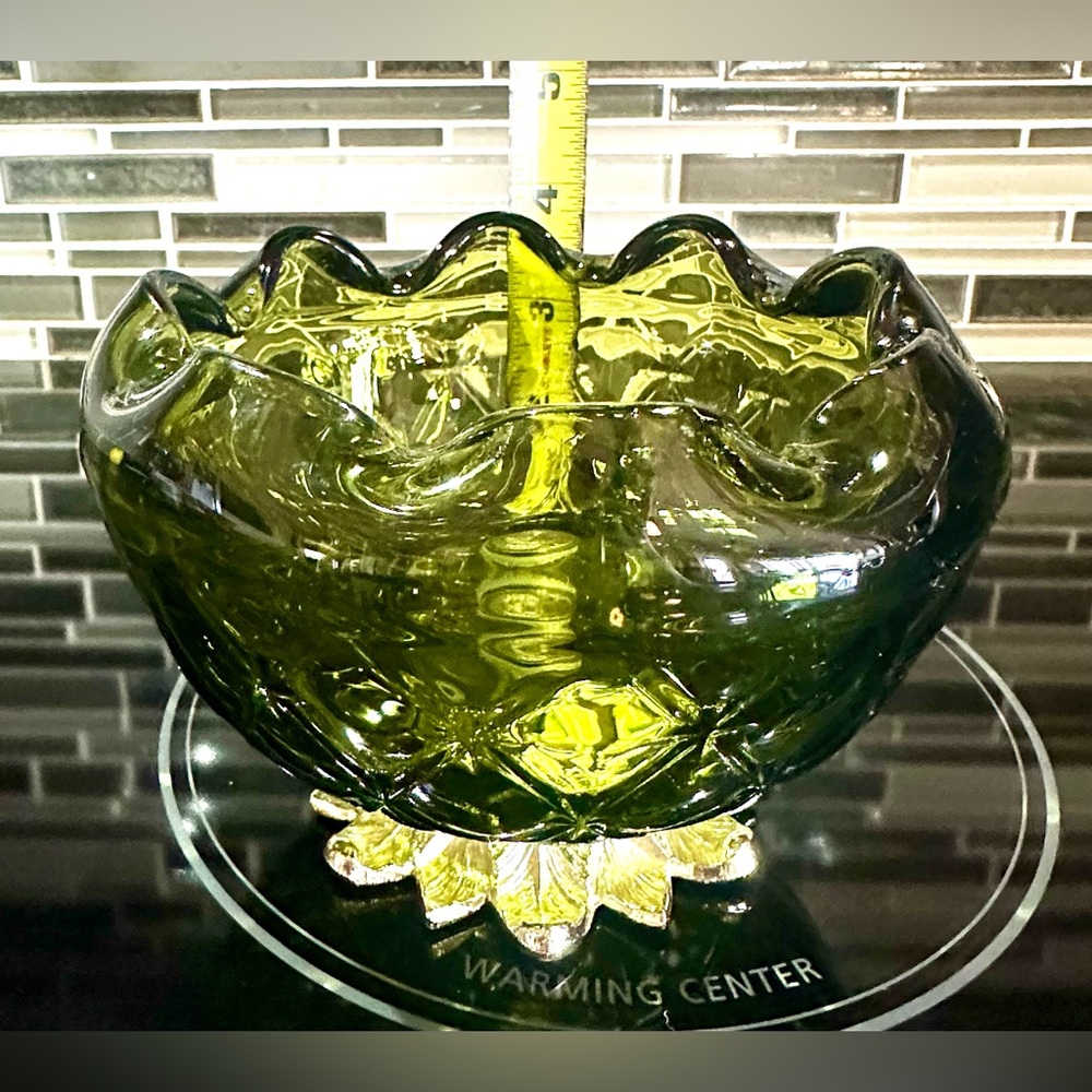 VTG Indiana Glass Diamond Point Footed Avacado Bowl w/Metal Leaf Base - Picture 7 of 9